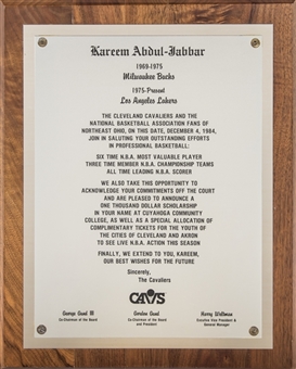 1984 Cleveland Cavaliers Plaque Awarded To Kareem Abdul-Jabbar (Abdul-Jabbar LOA)